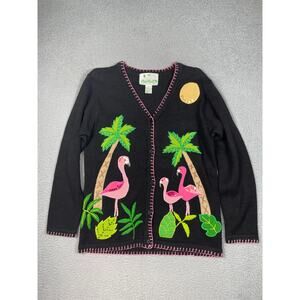 The Quacker Factory Black Cardigan Sweater with Flamingos Palm Trees Size S
